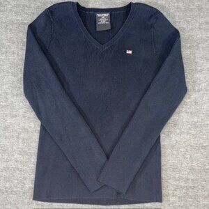 Vintage Polo Jeans Ralph Lauren Womens Sweater M Navy Ribbed Flag V-Neck Cotton